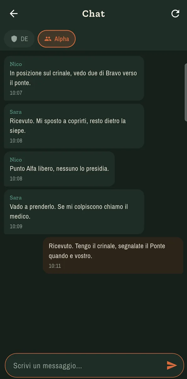 Chat della squadra Alpha con quattro messaggi