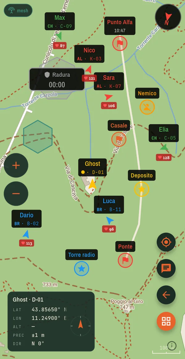 Mappa dei sentieri con obiettivi Casale, Deposito, Ponte e un timer di zona